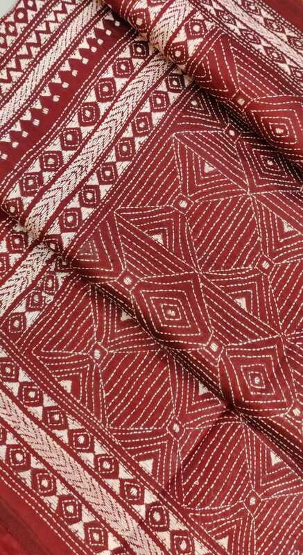 Dark Maroon hand kantha stitch on pure mulberry silk