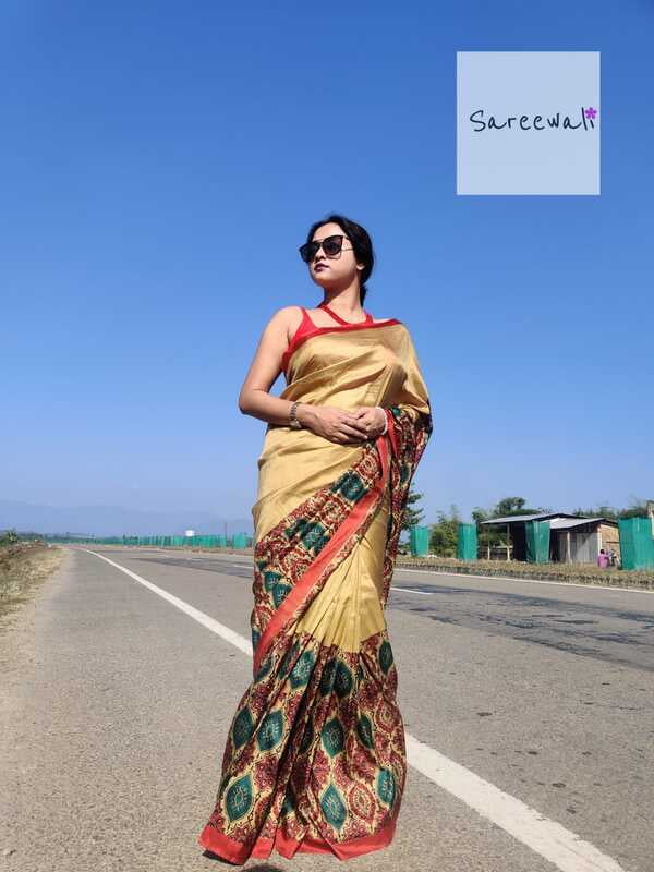 Hand block print golden beige saree on pure Mulberry silk or Bishnupur katan