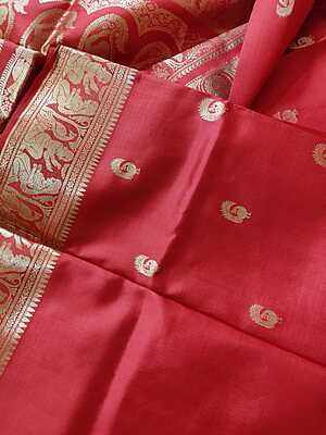 Vermillion Red color pure mulberry silk swarnachari saree