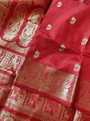 Vermillion Red color pure mulberry silk swarnachari saree