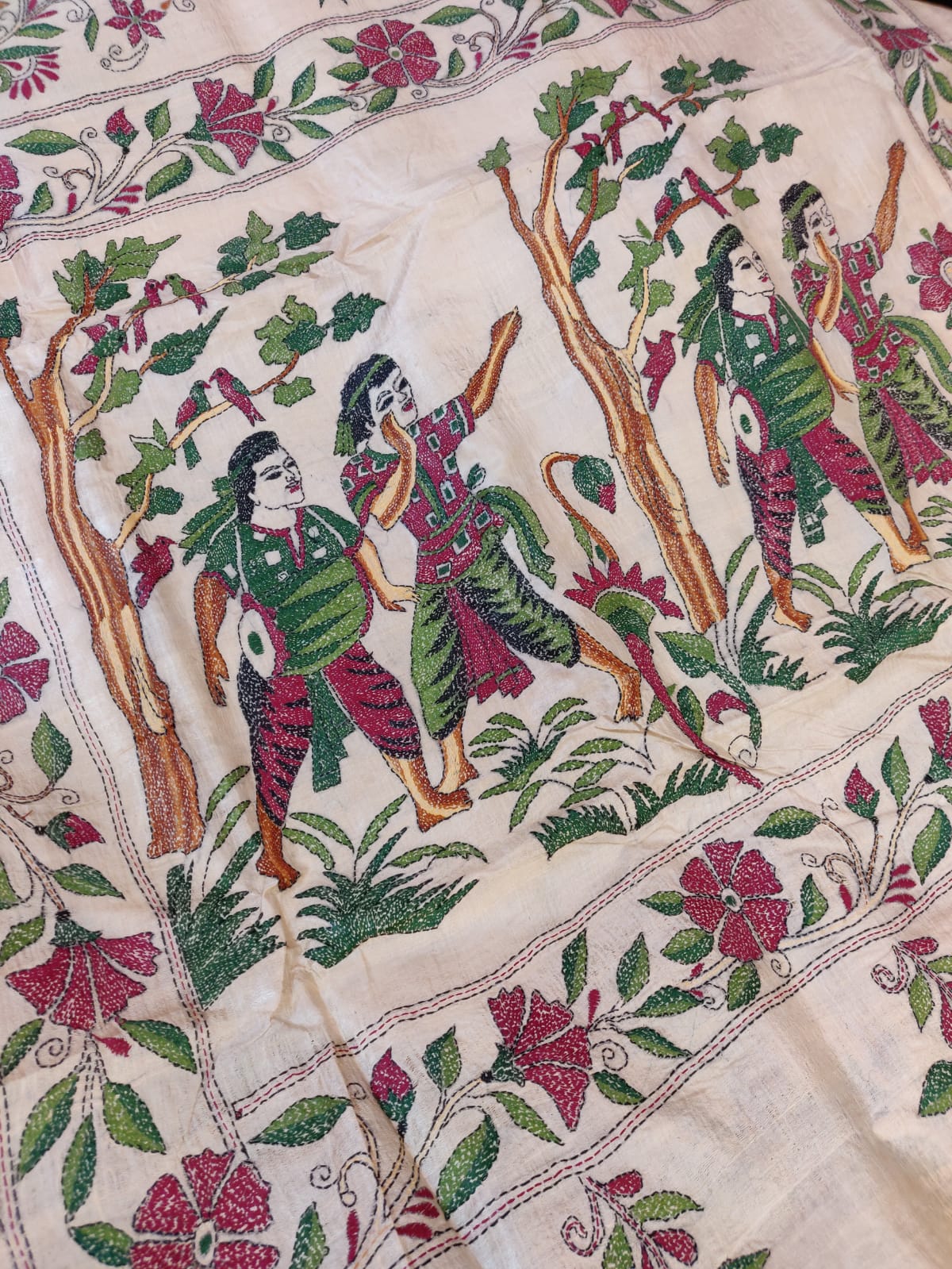 Tassar hand kantha stitch saree