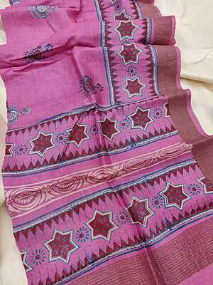 Pink hand block print tassar dupatta