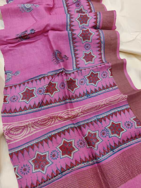 Pink hand block print tassar dupatta