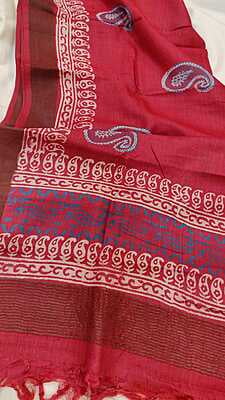 Brick red hand block print Tassar dupatta