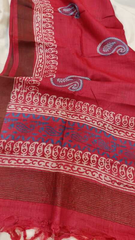 Brick red hand block print Tassar dupatta
