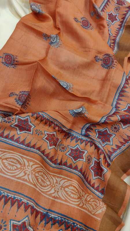 Peach Orange block print Tassar dupatta