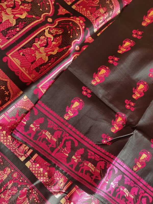 Black and Rani pink Figure motif pure katan silk Baluchari saree