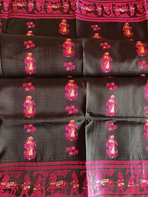 Black and Rani pink Figure motif pure katan silk Baluchari saree