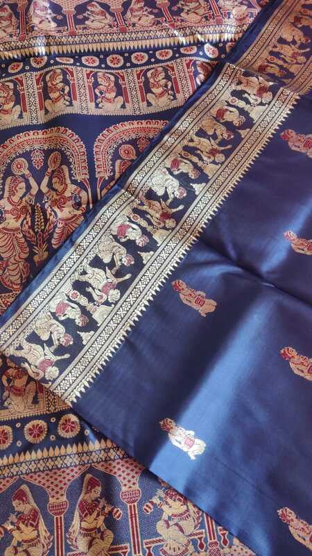 Ink blue color figure motif swarnachari saree on pure Mulberry silk with Maroon meena