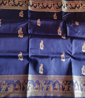 Ink blue color figure motif swarnachari saree on pure Mulberry silk with Maroon meena