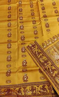 Yellow color brown figure figure motif with white meena work pure katan silk Baluchari