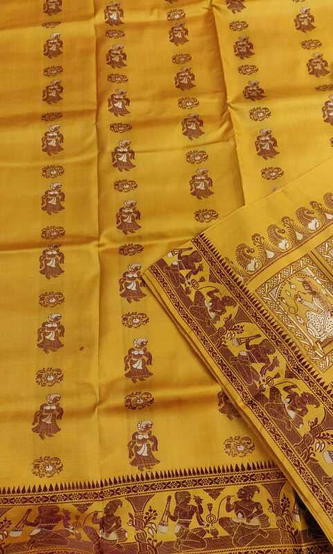 Yellow color brown figure figure motif with white meena work pure katan silk Baluchari