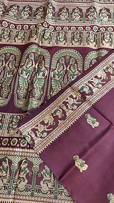Dark onion pink color figure motif with light green meena  on pure Mulberry silk