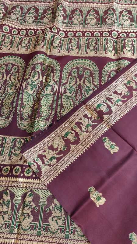 Dark onion pink color figure motif with light green meena  on pure Mulberry silk
