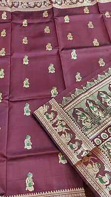 Dark onion pink color figure motif with light green meena  on pure Mulberry silk
