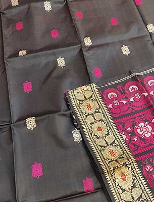 Black Baluchari with rani pink, white and red meena on pure mulberry silk