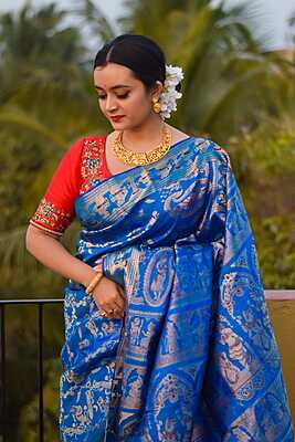 All over work Swarnachari saree Sky blue color pure Mulberry silk