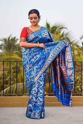 All over work Swarnachari saree Sky blue color pure Mulberry silk