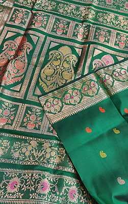 Emerald green multiple color meena work pure Mulberry silk Revival Baluchari saree