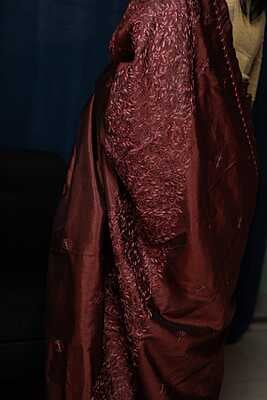 Chocolate color hand  Kashmiri aari stitch on pure Mulberry silk