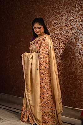 Light golden multiple color hand embordered Aari Kashmiri Stitch on pure Mulberry silk Light golden multiple color hand embordered Aari Kashmiri Stitch on pure Mulberry silk