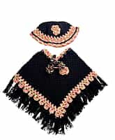 Handknitted woolen black poncho with cap having a multicolored border for kids between 6 months and 1 year || winterwear || beautiful design and excellent finish and amazing crotchet work