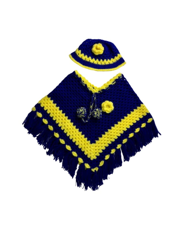 Handknitted blue and yellow woolen poncho and cap for kids between 2 and 3 years || winterwear || beautiful design and excellent finish and amazing crotchet work