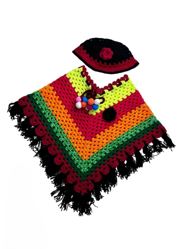 Handknitted multicolored poncho and cap for kids between 2 and 3 years || winterwear || beautiful design and excellent finish and amazing crotchet work