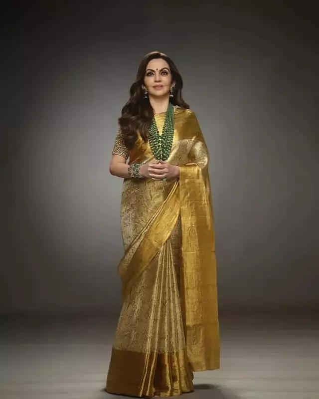 Nita Ambani Inspired Tissue Silk Saree - Gold | Nandy's Boutique, Vellore
