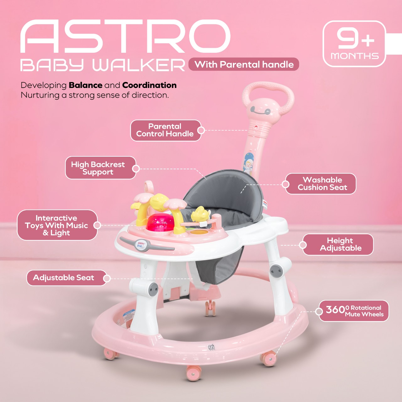 Baby Walker with Push Handle – Pink