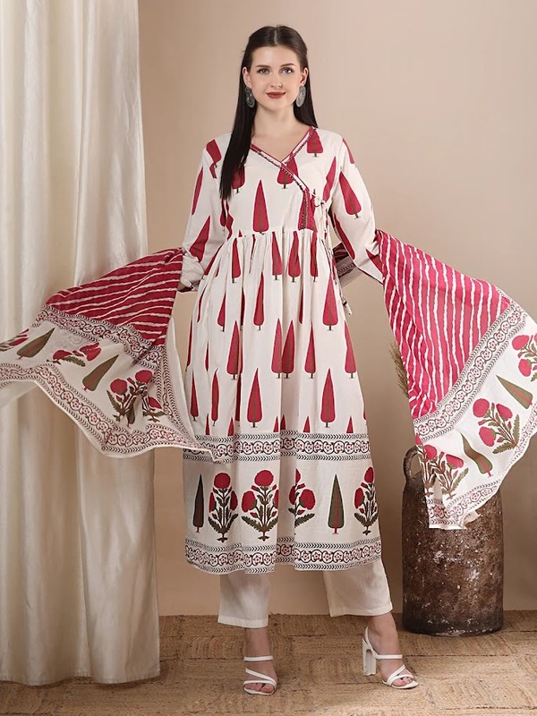 Ethnic Floral Printed Anarkali Flared Kurta with Pant and Dupatta - White