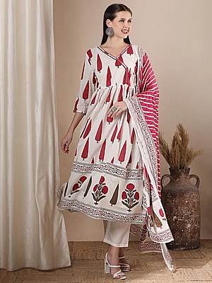 Ethnic Floral Printed Anarkali Flared Kurta with Pant and Dupatta - White