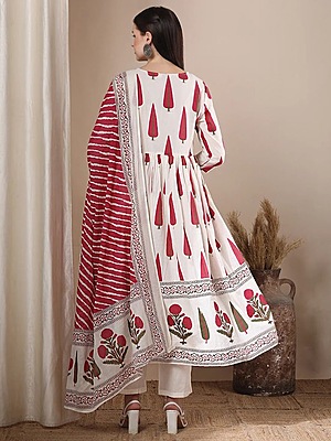 Ethnic Floral Printed Anarkali Flared Kurta with Pant and Dupatta - White