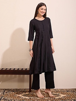 Solid Anarkali Flared Kurta - Black