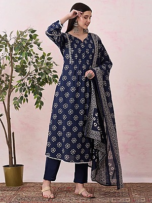 Navy Blue Bandhani Cotton Suit Set