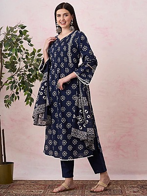 Navy Blue Bandhani Cotton Suit Set