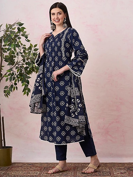 Navy Blue Bandhani Cotton Suit Set