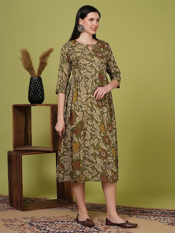 Kalamkari Printed A-Line Pleated Midi Dress/Kurta - Green