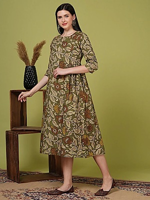 Kalamkari Printed A-Line Pleated Midi Dress/Kurta - Green