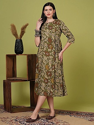 Kalamkari Printed A-Line Pleated Midi Dress/Kurta - Green