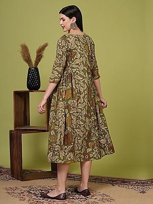 Kalamkari Printed A-Line Pleated Midi Dress/Kurta - Green