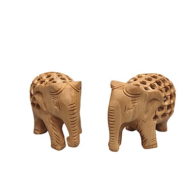 Wooden Elephant Statue - Jaali Pattern Pair