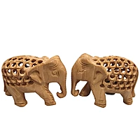 Wooden Elephant Statue - Jaali Pattern Pair
