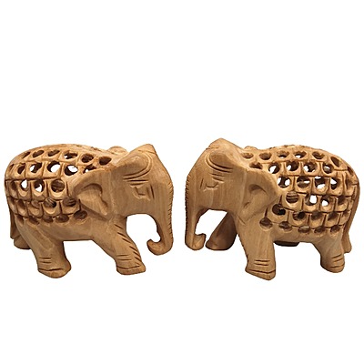 Wooden Elephant Statue - Jaali Pattern Pair