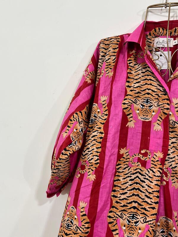 Waheeda's Collared top + Pant Set - Pink Red Stripes  & Tigers