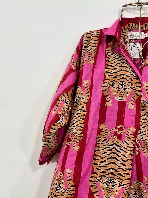 Waheeda's Collared top + Pant Set - Pink Red Stripes & Tigers