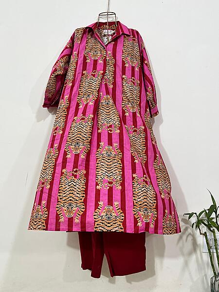 Waheeda's Collared top + Pant Set - Pink Red Stripes  & Tigers