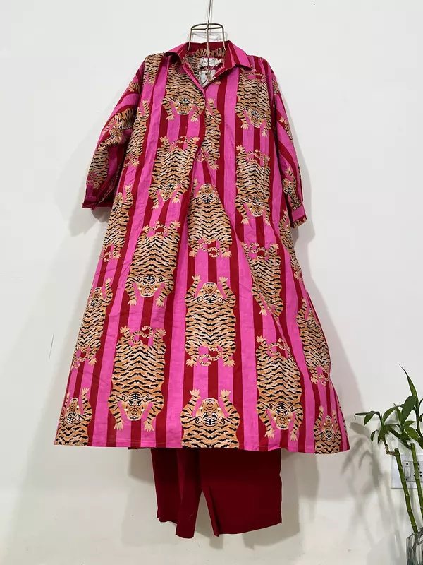 Waheeda's Collared top + Pant Set - Pink Red Stripes & Tigers