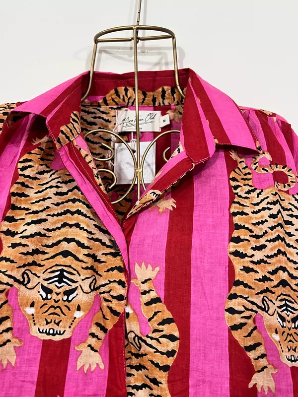 Waheeda's Collared top + Pant Set - Pink Red Stripes & Tigers