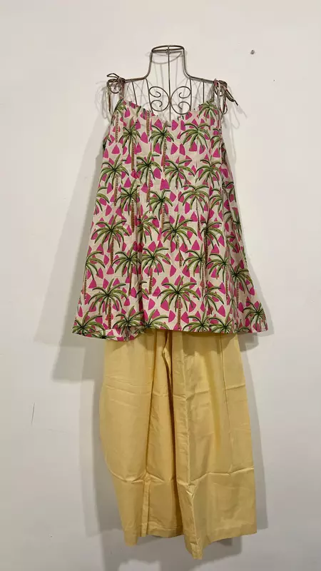 Rekha's Pin-Tuck Top + wide Culotte Pants Set - Cream & Palm